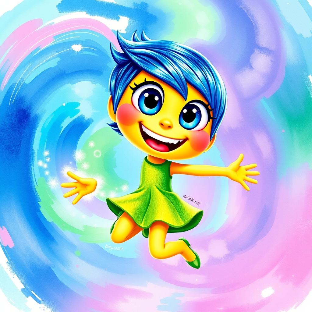 A vibrant and colorful artistic portrayal of Joy from the animated film 'Inside Out'