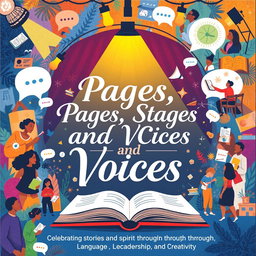 A vibrant and artistic poster design encapsulating the theme 'Pages, Stages, and Voices: Celebrating Stories and Spirit through Language, Leadership, and Creativity