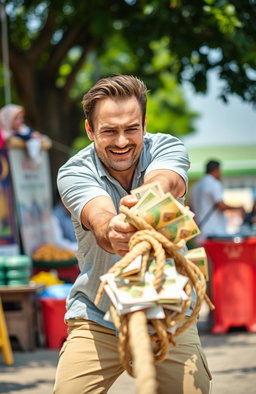A dynamic scene featuring an adult person energetically pulling a rope with a pile of Brazilian reais (currency) at the other end