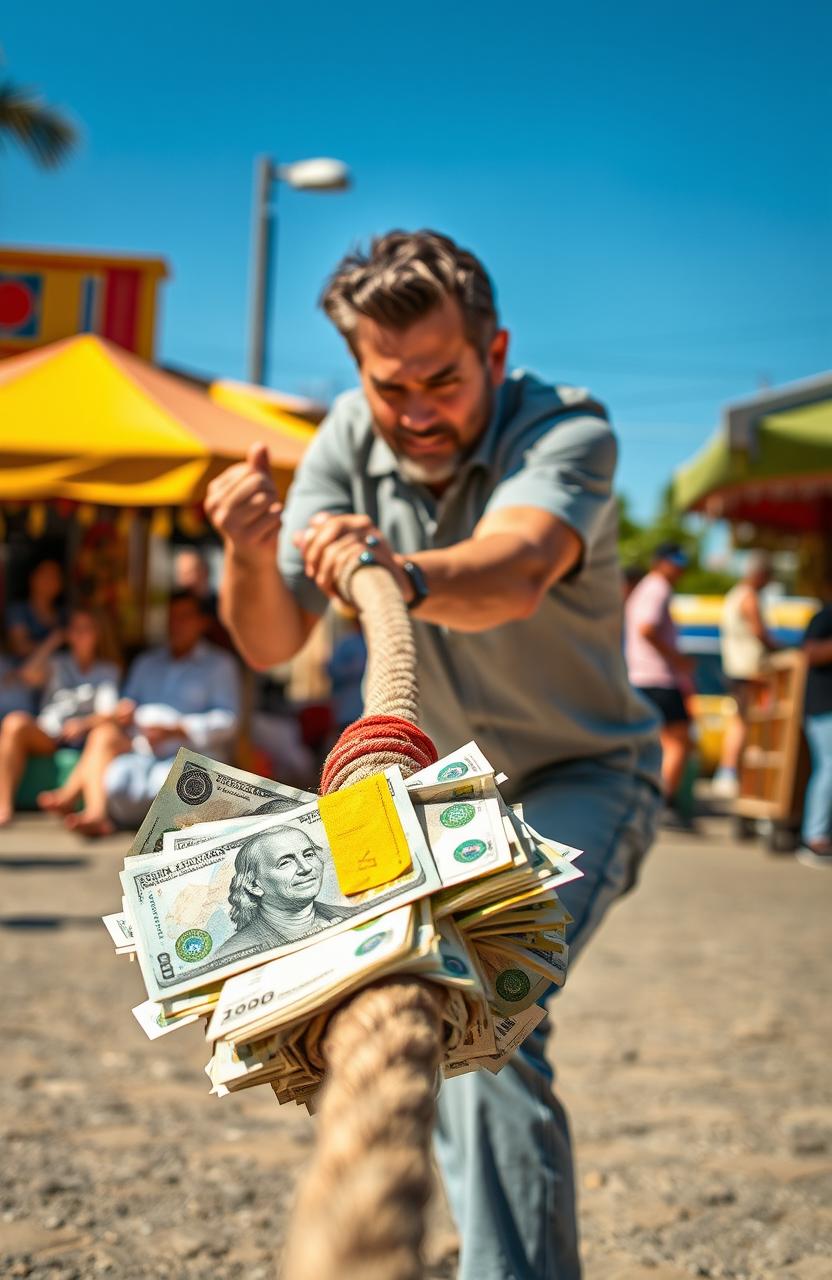 A dynamic scene featuring an adult person energetically pulling a rope with a pile of Brazilian reais (currency) at the other end