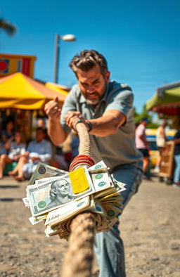 A dynamic scene featuring an adult person energetically pulling a rope with a pile of Brazilian reais (currency) at the other end