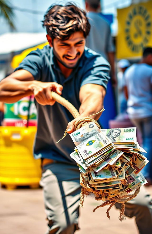 A dynamic scene featuring an adult person energetically pulling a rope with a pile of Brazilian reais (currency) at the other end