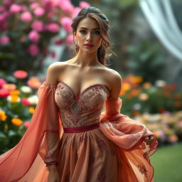 A stunning female model in a fashionable and elegant setting, wearing a luxurious gown with intricate details and flowing fabric