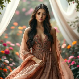 A stunning female model in a fashionable and elegant setting, wearing a luxurious gown with intricate details and flowing fabric