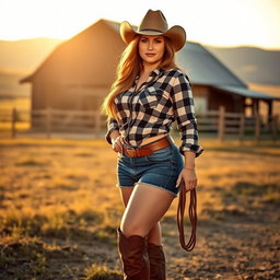 A confident, curvy cowgirl standing proudly in a rustic setting