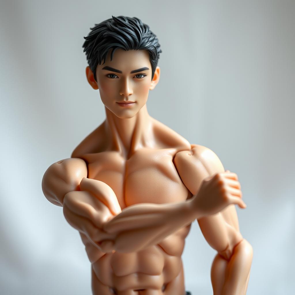 A realistic 1:6 scale articulated male Japanese doll, featuring an attractive handsome face with delicate features and strikingly well-defined musculature