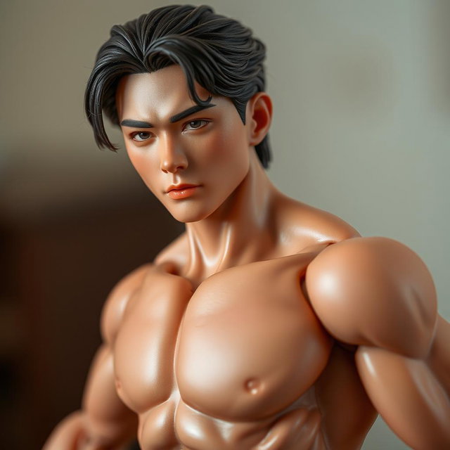 A realistic 1:6 scale articulated male Japanese doll, featuring an attractive handsome face with delicate features and strikingly well-defined musculature