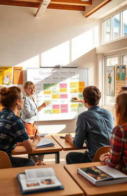 A visual representation of a practical English lesson for beginners, featuring an inviting classroom setting with a diverse group of adults engaged in learning