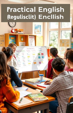 A visual representation of a practical English lesson for beginners, featuring an inviting classroom setting with a diverse group of adults engaged in learning