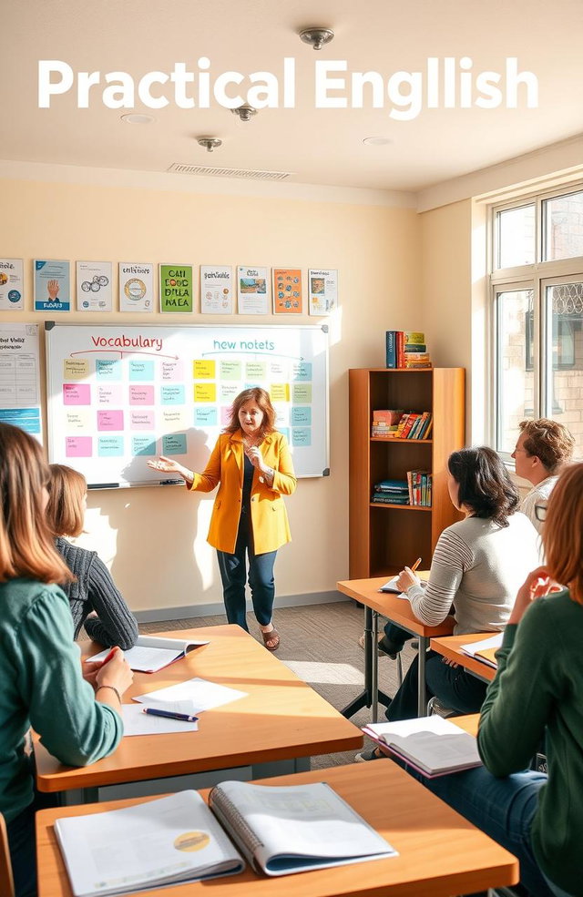 A visual representation of a practical English lesson for beginners, featuring an inviting classroom setting with a diverse group of adults engaged in learning
