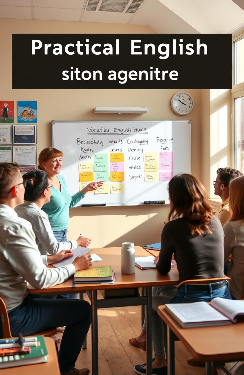 A visual representation of a practical English lesson for beginners, featuring an inviting classroom setting with a diverse group of adults engaged in learning