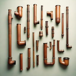 An assortment of pipes, ranging in size and material, assembled in a haphazard but aesthetically pleasing fashion against a plain background.