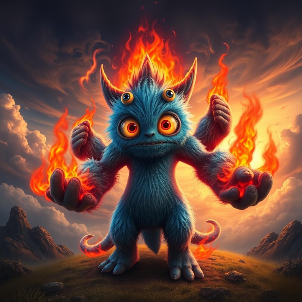 A fantastical creature inspired by Heatblast, featuring six muscular arms, three large expressive eyes, and a vibrant blue, hairy body