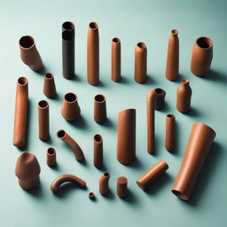 An assortment of pipes, ranging in size and material, assembled in a haphazard but aesthetically pleasing fashion against a plain background.