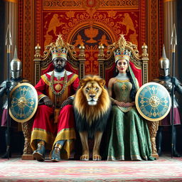 The majestic king and queen of Ethiopia seated on their ornate thrones, adorned in regal robes and intricate crowns, embodying elegance and power