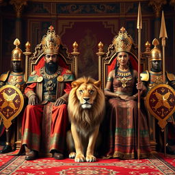 The majestic king and queen of Ethiopia seated on their ornate thrones, adorned in regal robes and intricate crowns, embodying elegance and power