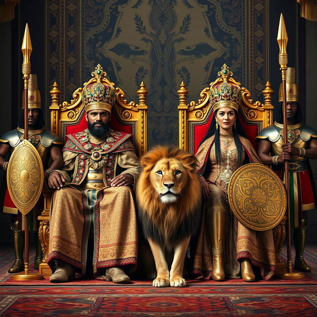 The majestic king and queen of Ethiopia seated on their ornate thrones, adorned in regal robes and intricate crowns, embodying elegance and power