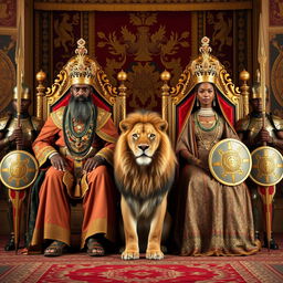The majestic king and queen of Ethiopia seated on their ornate thrones, adorned in regal robes and intricate crowns, embodying elegance and power