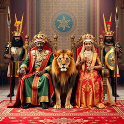The regal king and queen of Ethiopia seated on their grand thrones, exuding elegance and authority, adorned in splendid traditional attire and ornate crowns