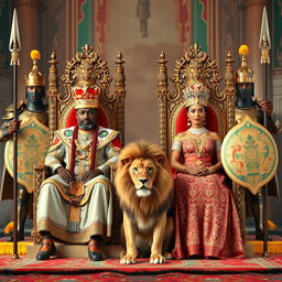 The regal king and queen of Ethiopia seated on their grand thrones, exuding elegance and authority, adorned in splendid traditional attire and ornate crowns