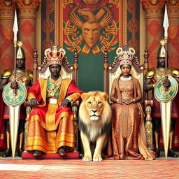 The regal king and queen of Ethiopia seated on their grand thrones, exuding elegance and authority, adorned in splendid traditional attire and ornate crowns