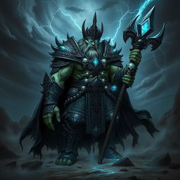 A commanding and menacing dark fantasy representation of a half-orc Lich King, towering over a desolate, eerie landscape