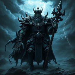 A commanding and menacing dark fantasy representation of a half-orc Lich King, towering over a desolate, eerie landscape