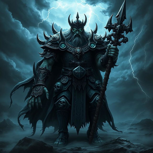 A commanding and menacing dark fantasy representation of a half-orc Lich King, towering over a desolate, eerie landscape