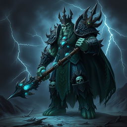 A commanding and menacing dark fantasy representation of a half-orc Lich King, towering over a desolate, eerie landscape