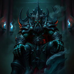 A commanding and menacing dark fantasy representation of a half-orc Lich King, showcasing prominent orcish features such as strong tusks, a rugged face, and a muscular build