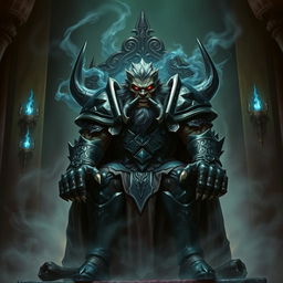 A commanding and menacing dark fantasy representation of a half-orc Lich King, showcasing prominent orcish features such as strong tusks, a rugged face, and a muscular build