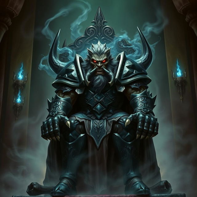 A commanding and menacing dark fantasy representation of a half-orc Lich King, showcasing prominent orcish features such as strong tusks, a rugged face, and a muscular build