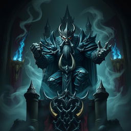 A commanding and menacing dark fantasy representation of a half-orc Lich King, showcasing prominent orcish features such as strong tusks, a rugged face, and a muscular build