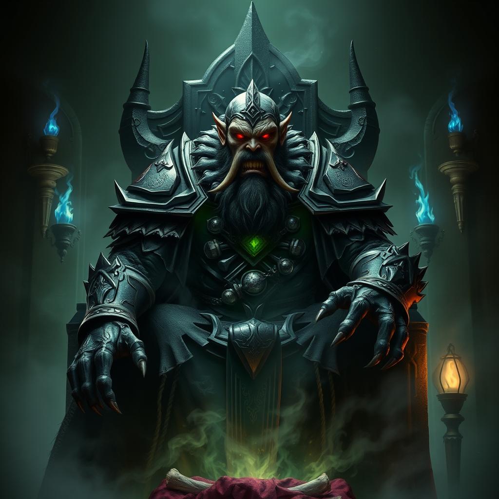 A commanding and menacing dark fantasy representation of a half-orc Lich King, showcasing prominent orcish features such as strong tusks, a rugged face, and a muscular build