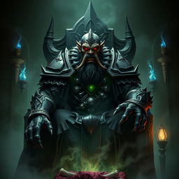 A commanding and menacing dark fantasy representation of a half-orc Lich King, showcasing prominent orcish features such as strong tusks, a rugged face, and a muscular build