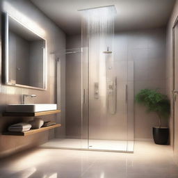 A digital art image depicting a stylish and modern bathroom interior with a spacious, luxurious shower area