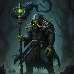 A half-orc necromancer warrior, with greenish skin, jagged tusks protruding from his lower jaw, dressed in dark, tattered robes adorned with ancient symbols