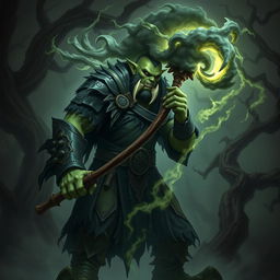 A half-orc necromancer warrior, with greenish skin, jagged tusks protruding from his lower jaw, dressed in dark, tattered robes adorned with ancient symbols