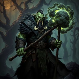 A half-orc necromancer warrior, with greenish skin, jagged tusks protruding from his lower jaw, dressed in dark, tattered robes adorned with ancient symbols