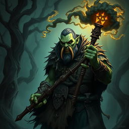 A half-orc necromancer warrior, with greenish skin, jagged tusks protruding from his lower jaw, dressed in dark, tattered robes adorned with ancient symbols