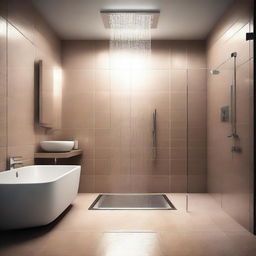 A digital art image depicting a stylish and modern bathroom interior with a spacious, luxurious shower area