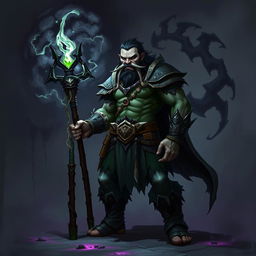 A half-orc necromancer warrior standing confidently in a dark fantasy setting, wielding a glowing quarterstaff that emits an eerie light