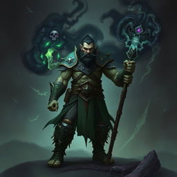 A half-orc necromancer warrior standing confidently in a dark fantasy setting, wielding a glowing quarterstaff that emits an eerie light