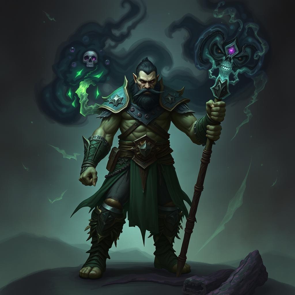 A half-orc necromancer warrior standing confidently in a dark fantasy setting, wielding a glowing quarterstaff that emits an eerie light