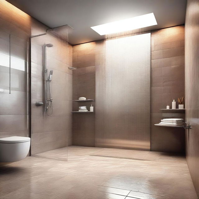 A digital art image depicting a stylish and modern bathroom interior with a spacious, luxurious shower area