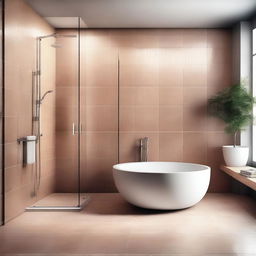 A digital art image depicting a stylish and modern bathroom interior with a spacious, luxurious shower area