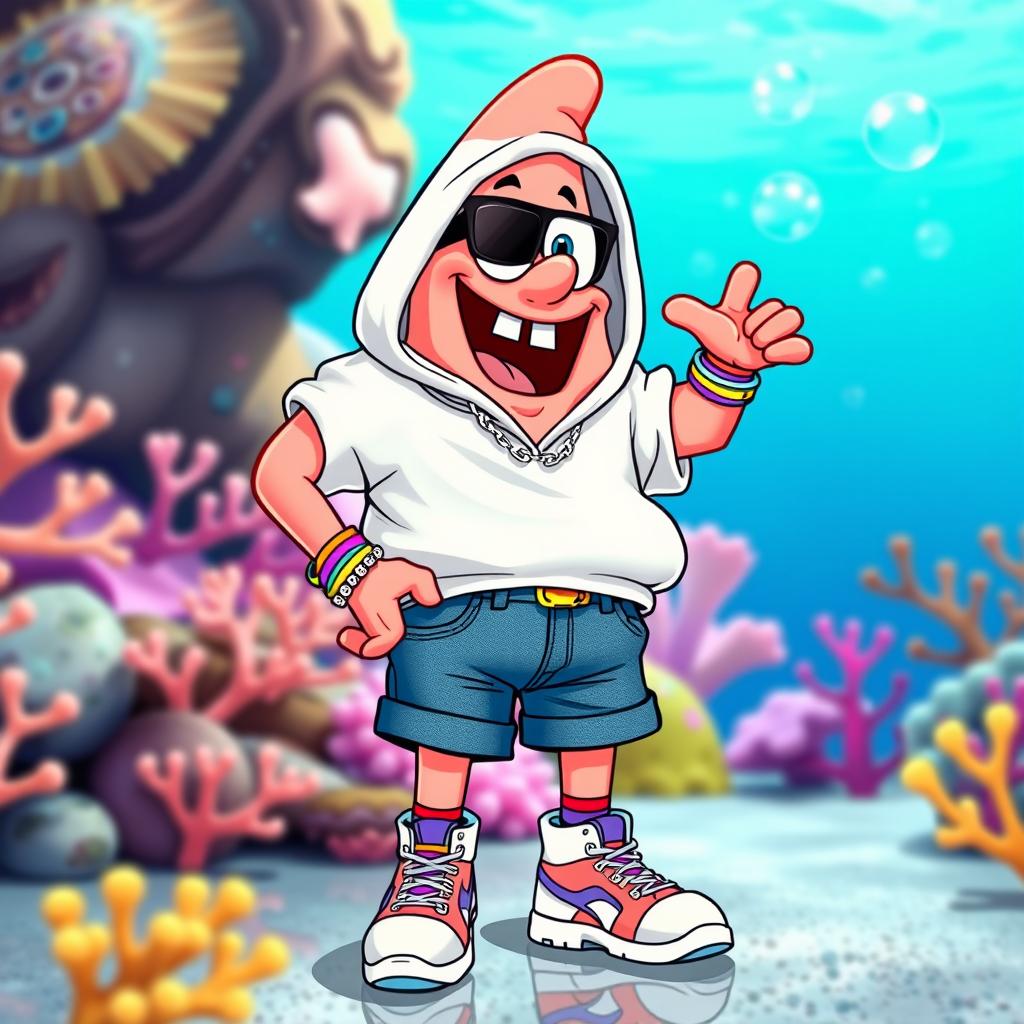Patrick Star from Spongebob Squarepants, dressed in stylish aesthetic clothing