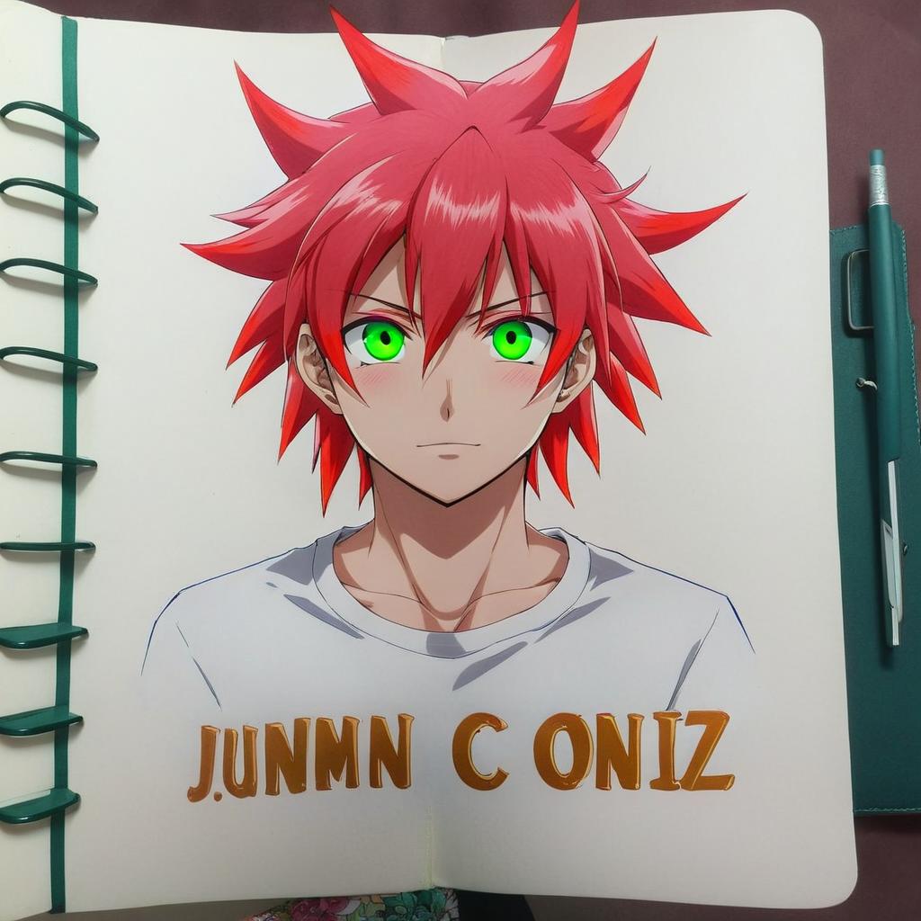 Chico de anime de 17 años con pelo de color rosadolas puntas del pelo de color rojo,el ojo izquierdo de color azul y el ojo derecho de color verde