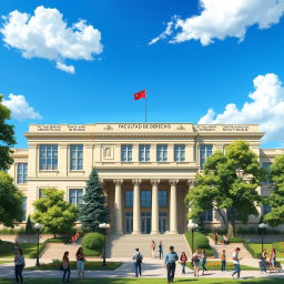 An artistic representation of a university building with a grand entrance labeled 'Facultad de Derecho Ciencias Políticas y Sociales' prominently displayed