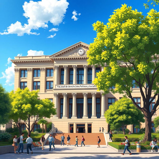 An artistic representation of a university building with a grand entrance labeled 'Facultad de Derecho Ciencias Políticas y Sociales' prominently displayed